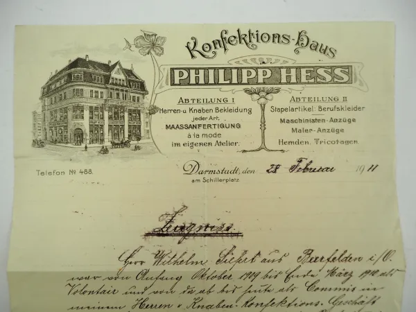 Phillipp Hess Konfektionshaus Bekeidung Darmstadt Geschäftsbrief 1911