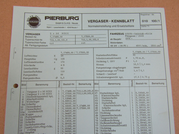 Pierburg 2x 36 NDIX Vergaser Ersatzteilliste Normaleinstellung Steyr Daimler Puc