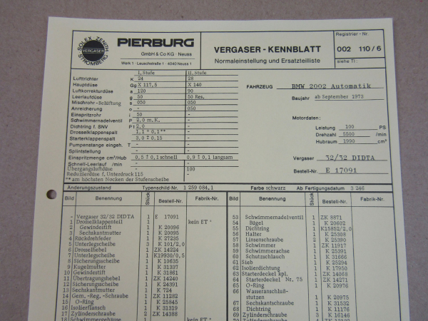 Pierburg 32/32 DIDTA Vergaser Ersatzteilliste Normaleinstellung BMW 2002 Automat