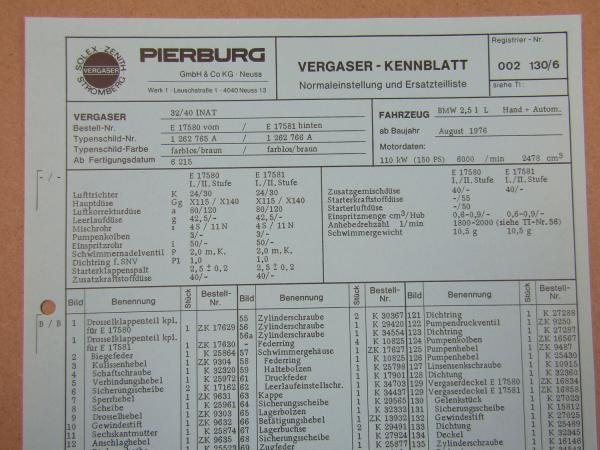 Pierburg 32/40 INAT Vergaser Ersatzteilliste Normaleinstellung BMW 2,5l ab 8/76