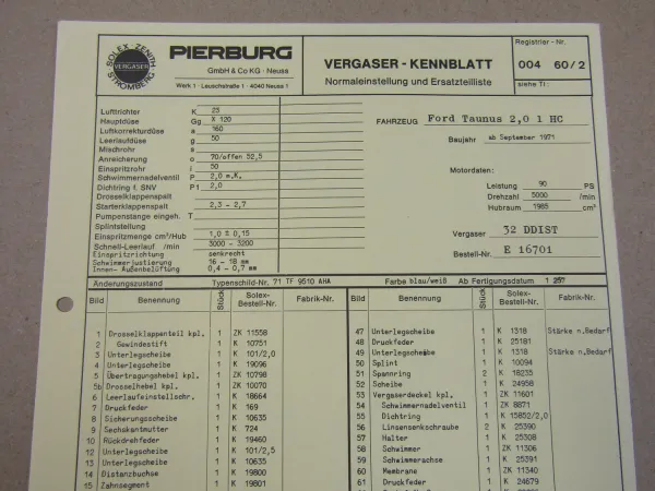 Pierburg 32 DDIST Vergaser Ersatzteilliste Normaleinstellung Ford Taunus ab 9/71