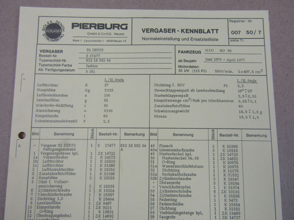 Pierburg 32 DDITS Vergaser Ersatzteilliste Normaleinstellung NSU RO 80 1975-77