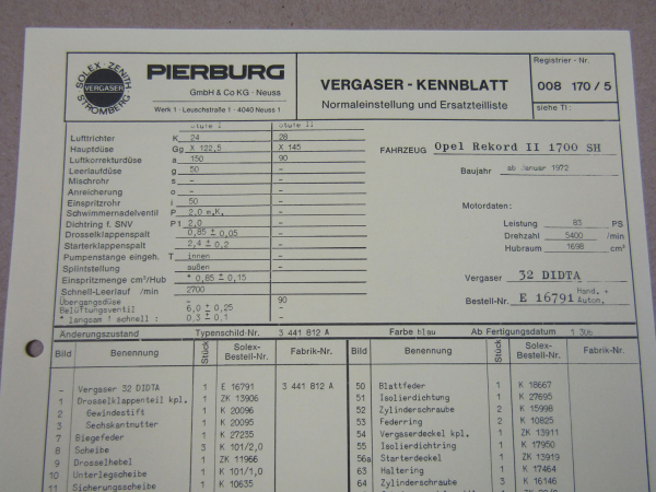 Pierburg 32 DIDTA Ersatzteilliste Normaleinstellung Opel Rekord 2 1700SH