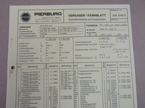 Pierburg 34 PDSIT-2/3 Vergaser Ersatzteilliste Normaleinstellung VW LKW 1,8l