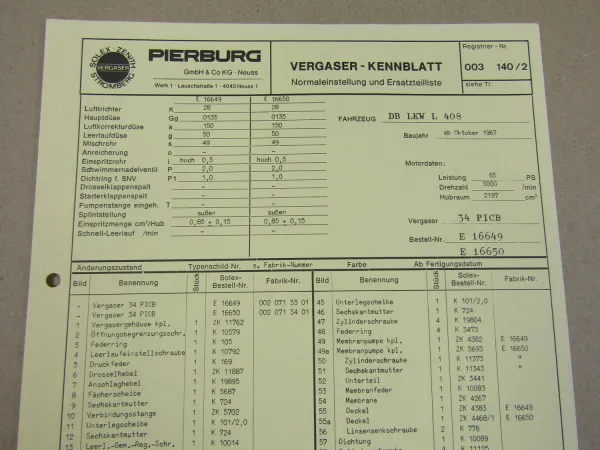 Pierburg 34 PICB Vergaser Ersatzteilliste Normaleinstellung Daimler Benz L408