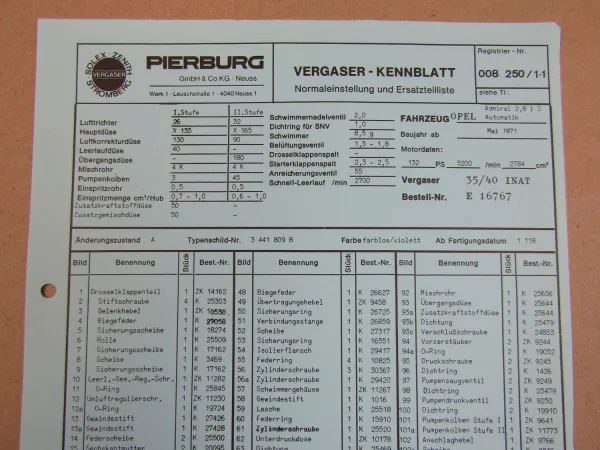 Pierburg 35/40 INAT Ersatzteilliste Normaleinstellung Opel Admiral 2,8l S Autom.