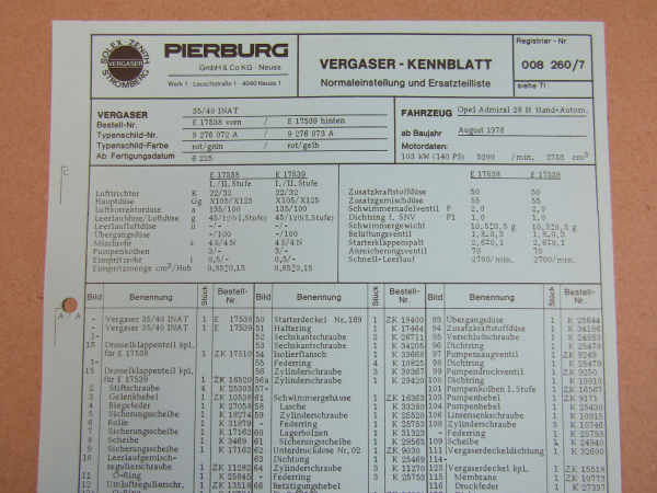 Pierburg 35/40 INAT Ersatzteilliste Normaleinstellung Opel Admiral 28H ab 8/1976