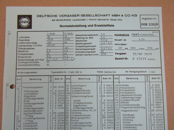 Pierburg 35/40 INAT Ersatzteilliste Normaleinstellung Opel Commodore 28 S C