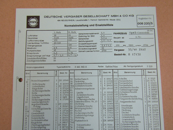 Pierburg 35/40 INAT Ersatzteilliste Normaleinstellung Opel Commodore 28 SC ab 73