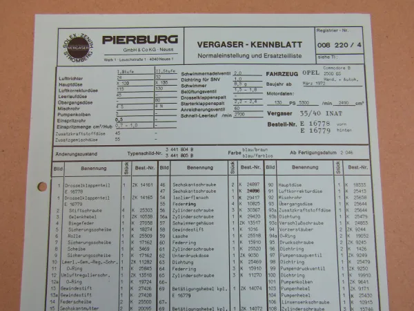Pierburg 35/40 INAT Ersatzteilliste Normaleinstellung Opel Commodore B 2500 GS