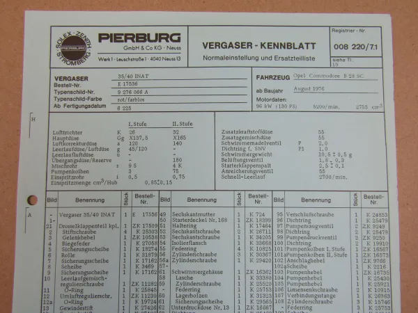 Pierburg 35/40 INAT Ersatzteilliste Normaleinstellung Opel Commodore B28SC