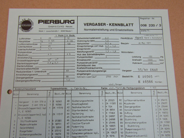 Pierburg 35/40 INAT Ersatzteilliste Normaleinstellung Opel Commodore GS ab 5/71
