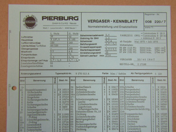 Pierburg 35/40 INAT Ersatzteilliste Normaleinstellung Opel Commodore und Admiral