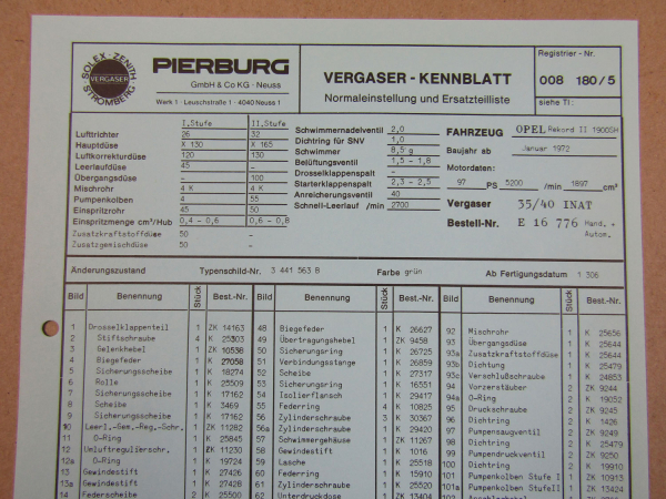 Pierburg 35/40 INAT Ersatzteilliste Normaleinstellung Opel Rekord II ab 1972