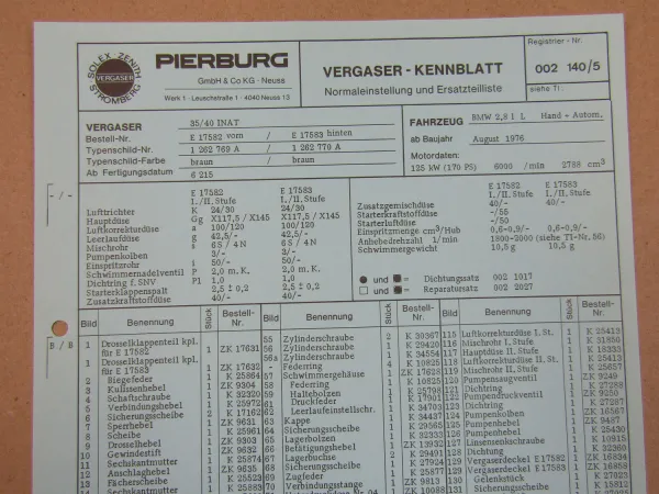 Pierburg 35/40 INAT Vergaser Ersatzteilliste Normaleinstellung BMW 2,8l ab 8/76