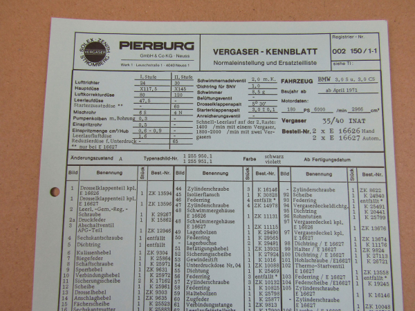 Pierburg 35/40 INAT Vergaser Ersatzteilliste Normaleinstellung BMW 3,0 S CS