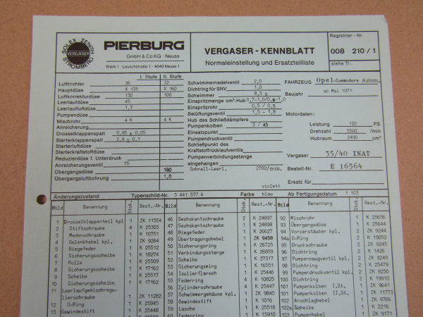 Pierburg 35/40 INAT Vergaser Ersatzteilliste Normaleinstellung Opel Commodore