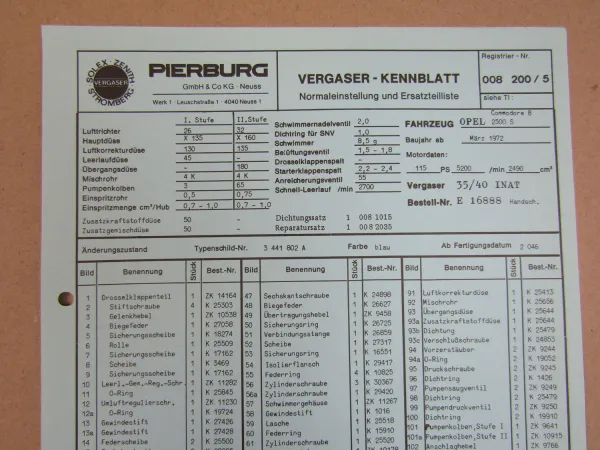 Pierburg 35/40 INAT Vergaser Ersatzteilliste Normaleinstellung Opel Commodore B