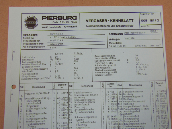 Pierburg 35/40 INAT Vergaser Ersatzteilliste Normaleinstellung Opel Rekord 2000S