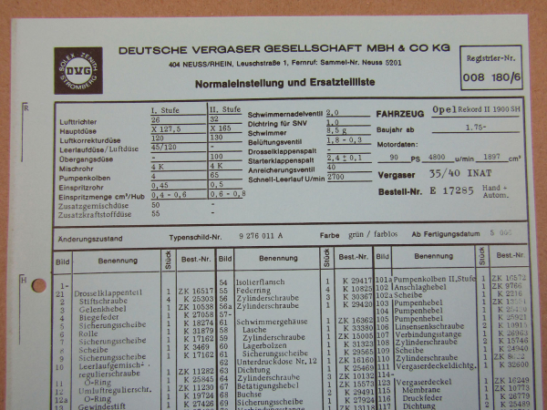 Pierburg 35/40 INAT Vergaser Ersatzteilliste Normaleinstellung Opel Rekord II
