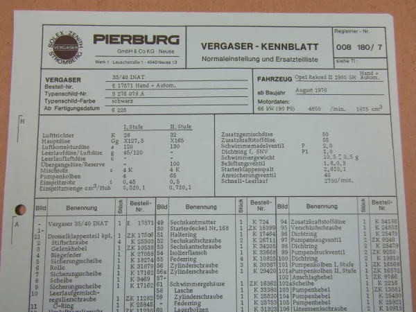 Pierburg 35/40 INAT Vergaser Ersatzteilliste Normaleinstellung Opel Rekord II 2