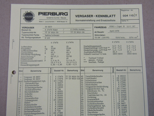 Pierburg 35 EEIT Ersatzteilliste Normaleinstellung Ford Capri II 2,3l HC ab 4/76