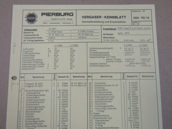 Pierburg 35 EEIT Ersatzteilliste Normaleinstellung Ford Capri II ab 4/1978