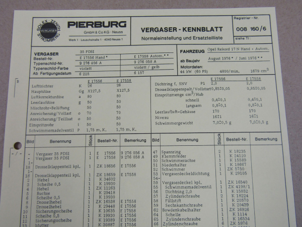 Pierburg 35 PDSI Ersatzteilliste Normaleinstellung Opel Rekord 17 N