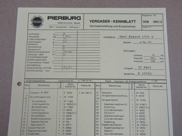 Pierburg 35 PDSI Ersatzteilliste Normaleinstellung Opel Rekord 1700N ab 5/71