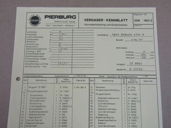 Pierburg 35 PDSI Ersatzteilliste Normaleinstellung Opel Rekord 1700N ab 5/71