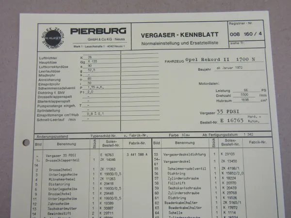 Pierburg 35 PDSI Ersatzteilliste Normaleinstellung Opel Rekord II 1700N ab 1/72