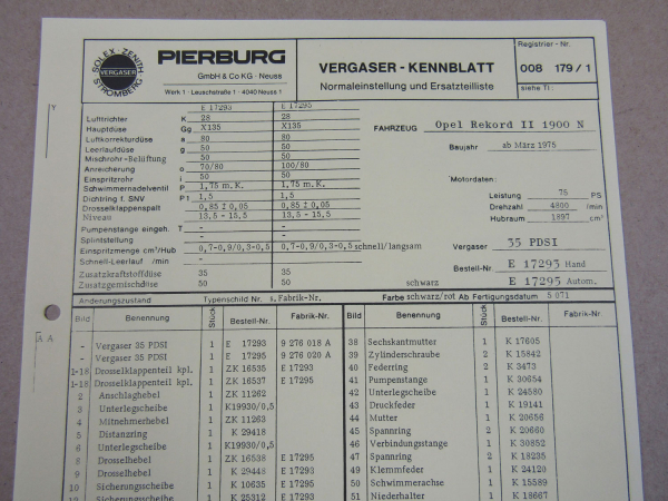 Pierburg 35 PDSI Ersatzteilliste Normaleinstellung Opel Rekord II 1900N ab 3/75