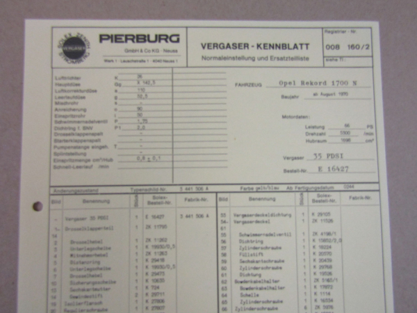 Pierburg 35 PDSI Vergaser Ersatzteilliste Normaleinstellung Opel Rekord 1700N