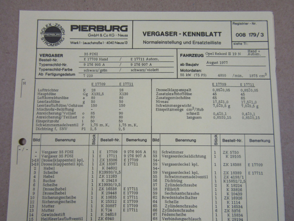 Pierburg 35 PDSI Vergaser Ersatzteilliste Normaleinstellung Opel Rekord II 19N