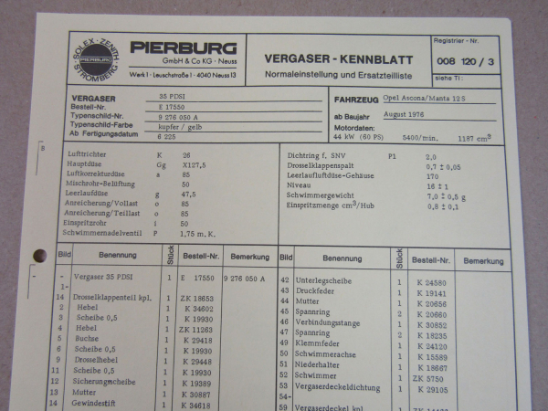 Pierburg 35PDSI Ersatzteilliste Normaleinstellung Opel Ascona Manta 12S ab 8/76
