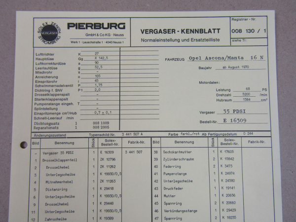 Pierburg 35PDSI Ersatzteilliste Normaleinstellung Opel Ascona Manta 16N ab 8/70