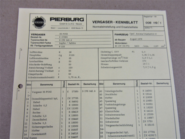 Pierburg 35PDSI Ersatzteilliste Normaleinstellung Opel Ascona Manta B12N ab 8/76