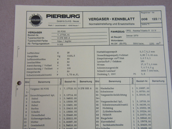 Pierburg 35PDSI Ersatzteilliste Normaleinstellung Opel Ascona Manta B13N