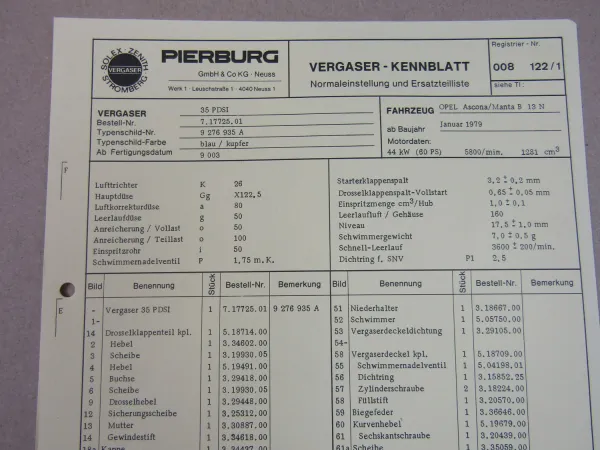 Pierburg 35PDSI Ersatzteilliste Normaleinstellung Opel Ascona Manta B13N