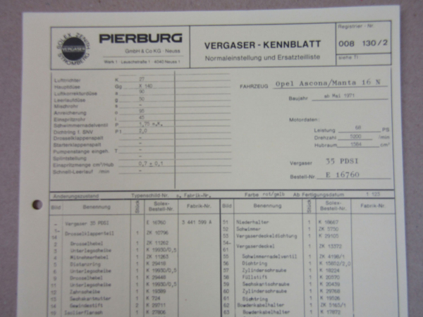 Pierburg 35PDSI Vergaser Ersatzteilliste Normaleinstellung Opel Ascona u. Manta