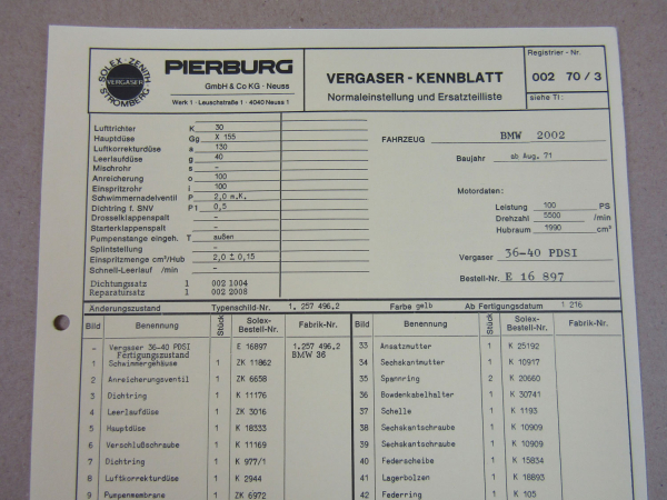 Pierburg 36-40 PDSI Vergaser Ersatzteilliste Normaleinstellung BMW 2002 ab 8/71