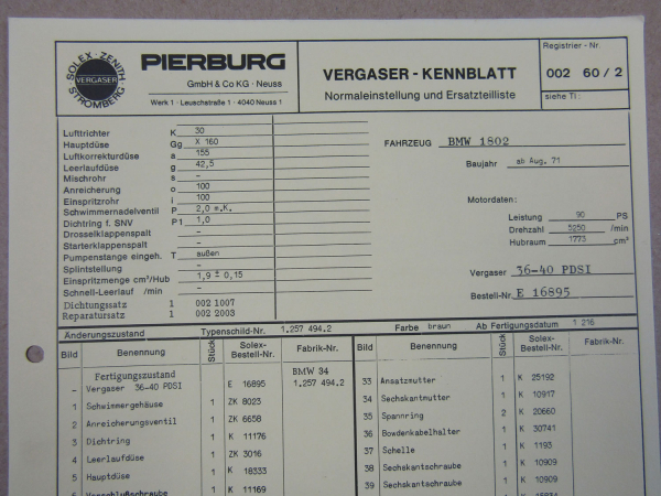 Pierburg 36-40PDSI Vergaser Ersatzteilliste Normaleinstellung BMW 1802 ab 8/71