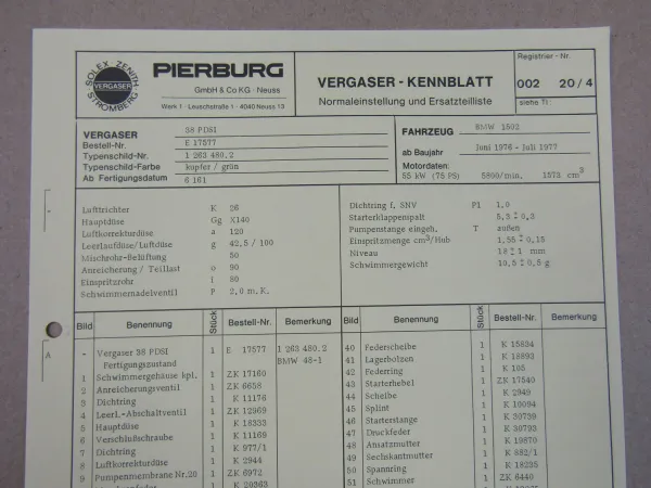 Pierburg 38 PDSI Vergaser Ersatzteilliste Normaleinstellung BMW 1502 1976-77