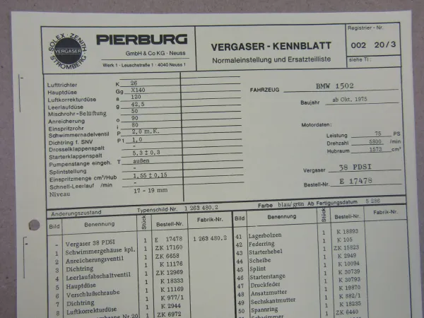 Pierburg 38 PDSI Vergaser Ersatzteilliste Normaleinstellung BMW 1502 ab 10/1975