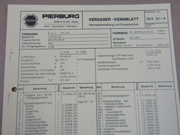 Pierburg 4A1 32/54 Ersatzteilliste Normaleinstellung Daimler Benz 250 ab 7/1980