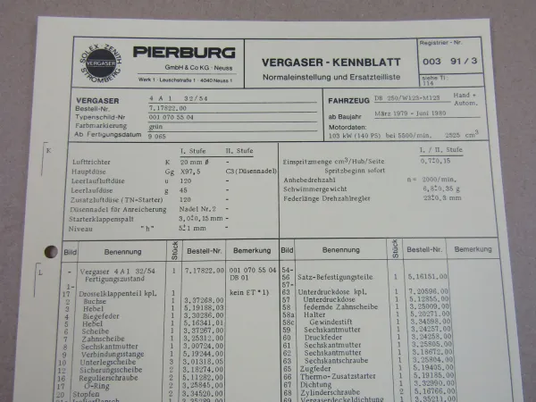 Pierburg 4A1 32/54 Ersatzteilliste Normaleinstellung Daimler Benz 250 W123