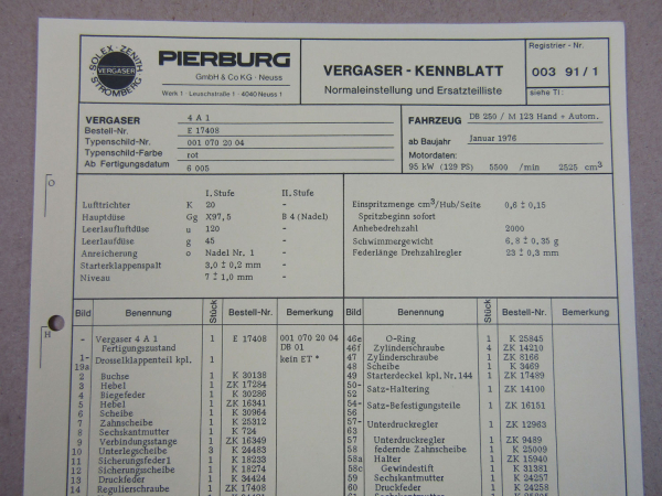 Pierburg 4A1 Ersatzteilliste Normaleinstellung Daimler Benz 250 M123 ab 1/76
