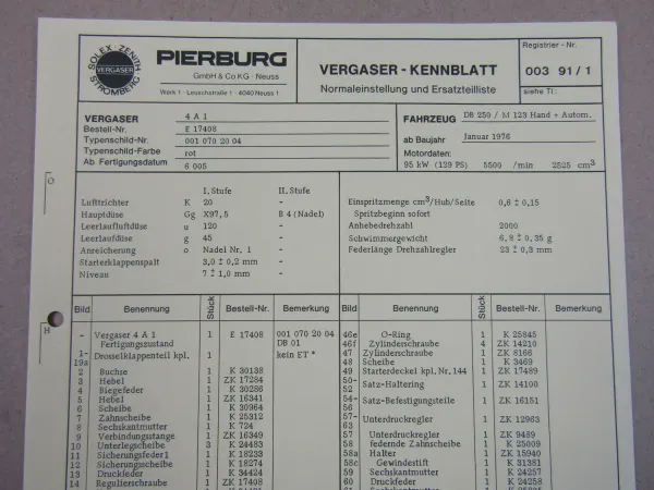Pierburg 4A1 Ersatzteilliste Normaleinstellung Daimler Benz 250 M123 ab 1/76