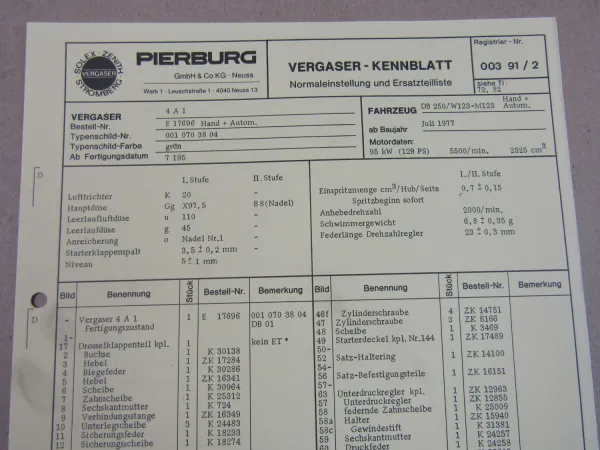 Pierburg 4A1 Ersatzteilliste Normaleinstellung Daimler Benz 250 W123 ab 7/77