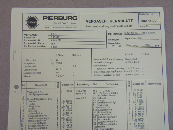 Pierburg 4A1 Vergaser Ersatzteilliste Normaleinstellung BMW 630 CS ab 9/76